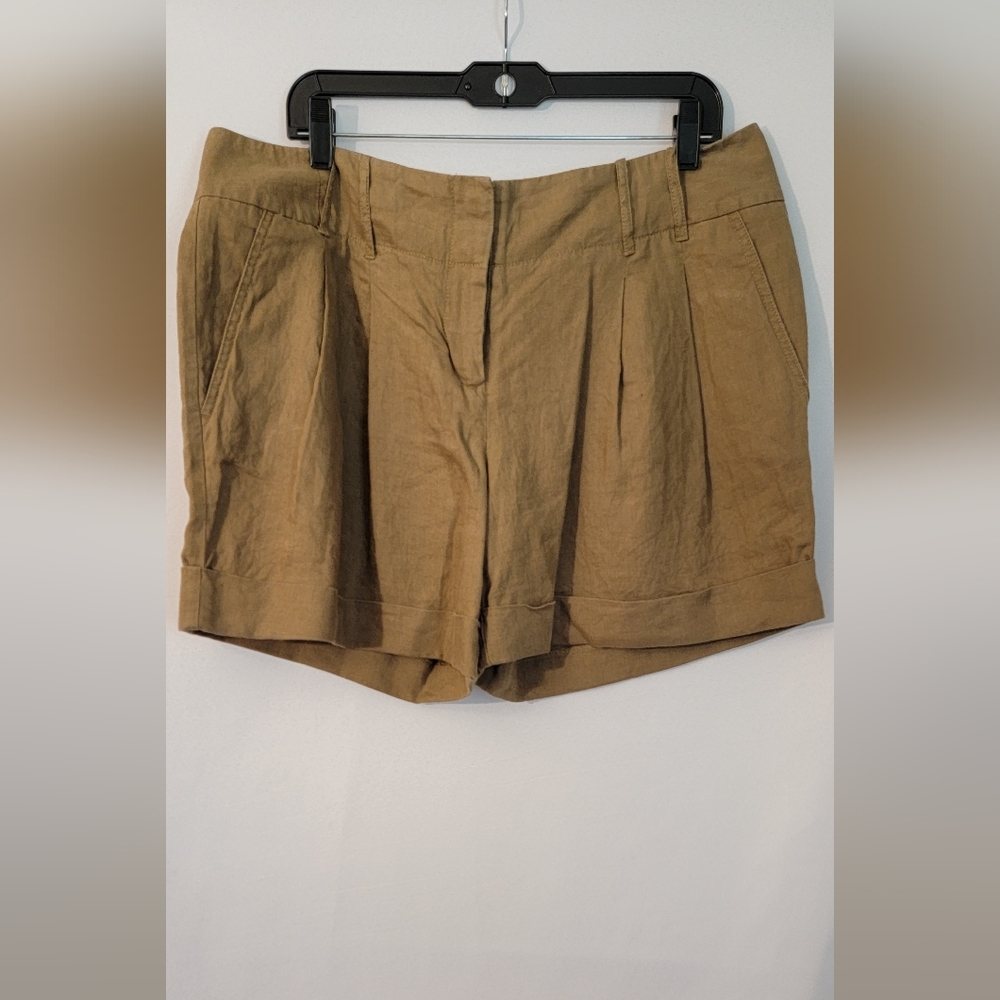 Mossimo Pleated Linen Tan Shorts Cuffed Hem Size 14